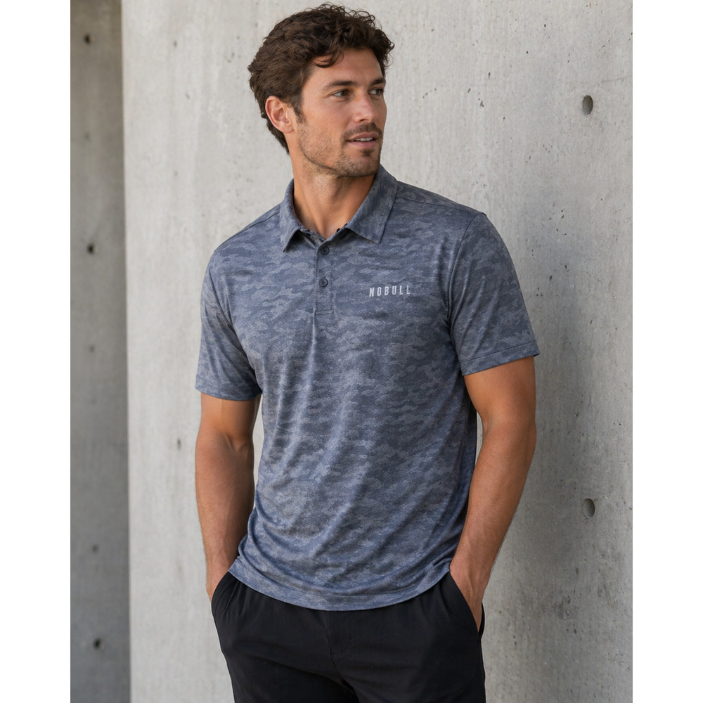 NOBULL Polo Shirt Mens Sz L Gray Blue Camo Performance Stretch Athletic Top Golf